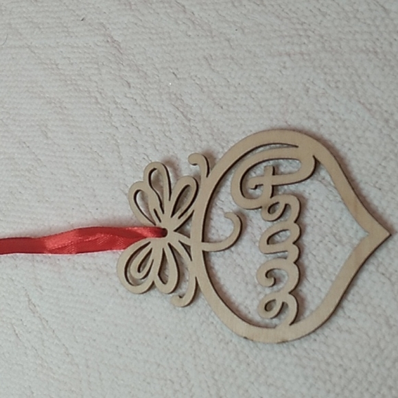 Peace Bememo Wooden Christmas Ornament 3.82 x 2.83 x 0.12 inches w Red ribbon - Picture 5 of 5